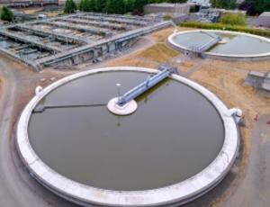 Aerial view of a wastewater treatment pool.