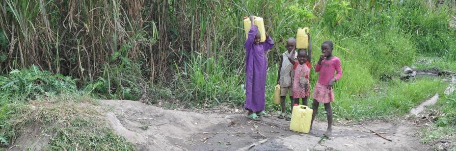 Uganda kids bring jerry cans to the spring for water.